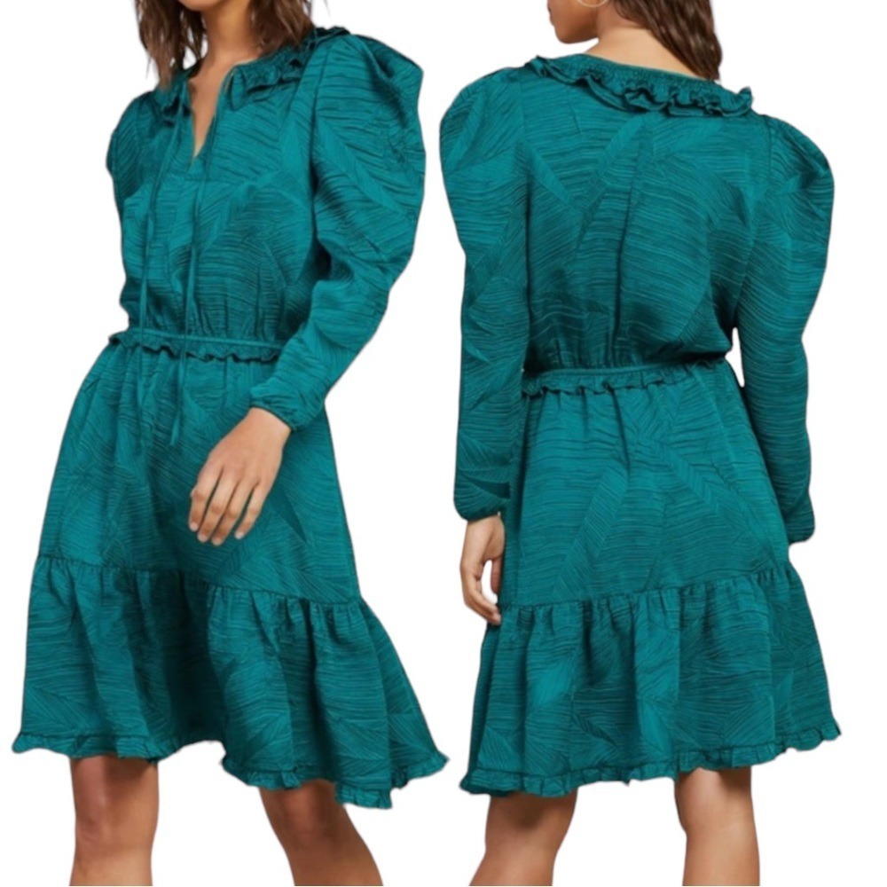 Current Air Women's Size XS Emerald Green Crinkled Puff Sleeve Mini Dress